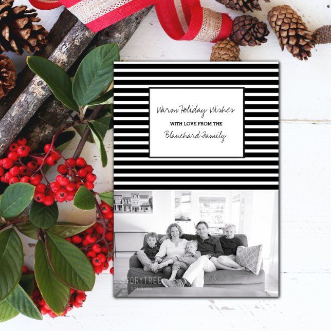 Convite Foto Festiva Negra Feriado (Black Festive Stripes Holiday Photo Card)