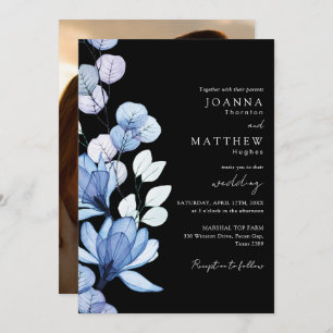 Convite Foto Floral Azul Casamento Preto e Branco