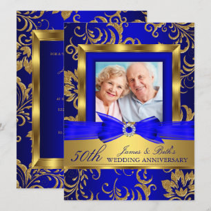 Convite Foto Floral Azul Dourado 50º Aniversário de Casame