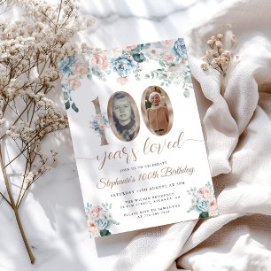 Convite Foto Floral Azul e Rosa 100º Aniversário