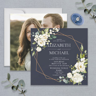 Convite Foto Floral Azul Marinho Geométrico Quadrado