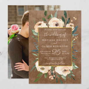 Convite Foto Floral Bege Rosa Rosas Dourado Marrom Casamen
