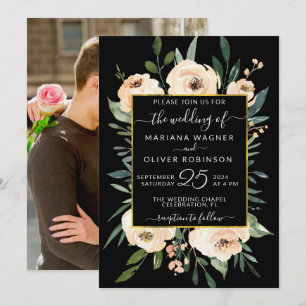 Convite Foto Floral Bege Rosa Rosas Dourado Preto Casament