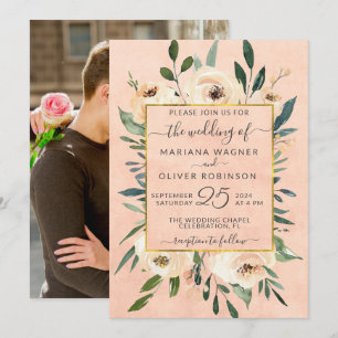 Convite Foto Floral Beige Blush Rosas Dourados Casamento R