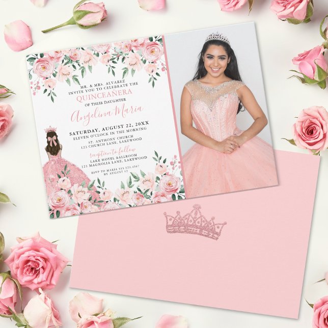 Convite Foto Floral Blush Pink Quinceanera (Floral Photo Blush Pink Quinceanera Invitation)