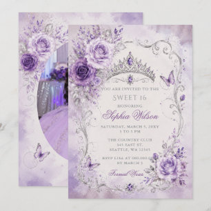 Convite Foto Floral Borboleta Roxo Prata Doce 16