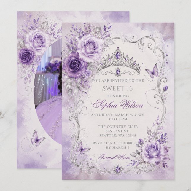 Convite Foto Floral Borboleta Roxo Prata Doce 16 (Frente/Verso)
