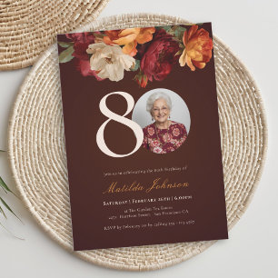 Convite Foto Floral Borgonha Romântica de 80º Aniversário