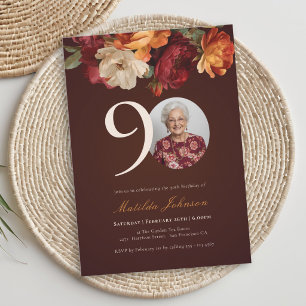 Convite Foto Floral Borgonha Romântica de 90º Aniversário