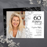 Convite Foto Floral Branca Elegante 60º Aniversário<br><div class="desc">Convite de aniversário preto branco floral 60º com sua foto na frente da placa. Design minimalista moderno com desenhos botânicos em destaque, folha de ouro falsa e letra de script de tipografia. Simples trendy convida cartão perfeito para uma festa de na moda. Pode ser personalizado para qualquer idade. Impressos convites...</div>