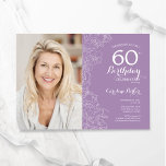 Convite Foto Floral Branca Elegante 60º Aniversário<br><div class="desc">Lavanda verde claro branco floral 60º convite de aniversário com sua foto na frente do cartão. Design minimalista moderno com desenhos botânicos em destaque, folha de ouro falsa e letra de script de tipografia. Simples trendy convida cartão perfeito para uma festa de na moda. Pode ser personalizado para qualquer idade....</div>