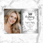 Convite Foto Floral Branca Elegante Foto 50º Aniversário<br><div class="desc">Elegante convite floral feminino para o 50º aniversário com sua foto. Glam design com falso prata. Possui rosas brancas, fonte de script e confetti. Perfeito para uma festa de comemoração de na moda adulto. Personalize com seus próprios detalhes. Pode ser personalizado para qualquer idade! Impressos convites Zazzle ou modelo de...</div>