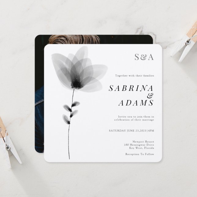 Convite Foto Floral Branco Branco Chic Casamento Monograma (Frente/Verso In Situ)