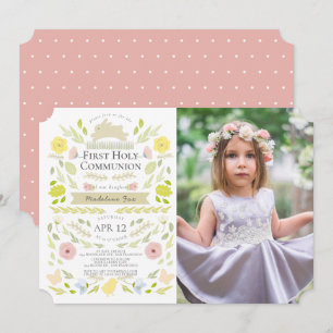 Convite Foto: Floral Bunny Pink Primeira Comunhão Santa