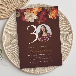 Convite Foto Floral Burgundy Romântica de 30º Aniversário
