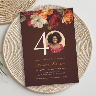 Convite Foto Floral Burgundy Romântica de 40º Aniversário