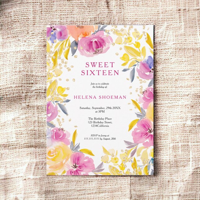 Convite Foto floral com brilho de ouro roxo boêmico doce 1 (Bohemian purple gold glitter floral photo Sweet 16 Invitation)