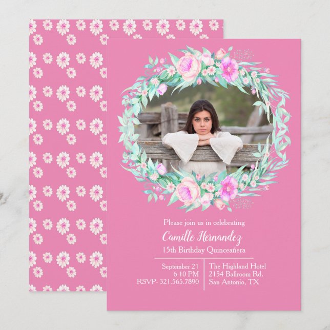 Convite Foto Floral Cor-de-Rosa Quinceañera (Frente/Verso)