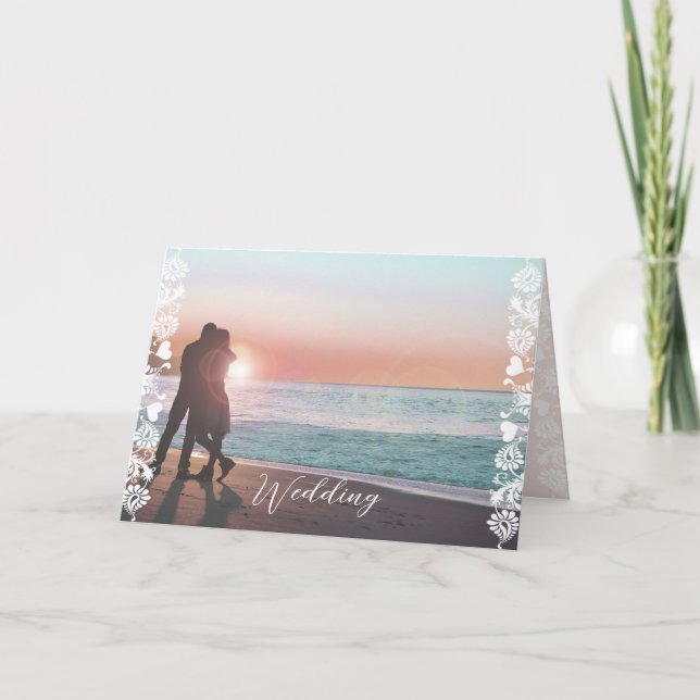 Convite Foto Floral Damask trim bi-vezes Wedding (Frente)