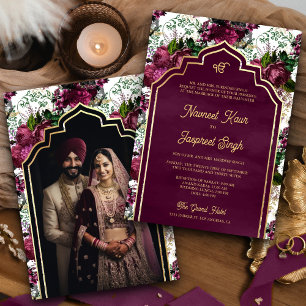 Convite Foto Floral de Ameixa Anand Karaj Casamento Sikh