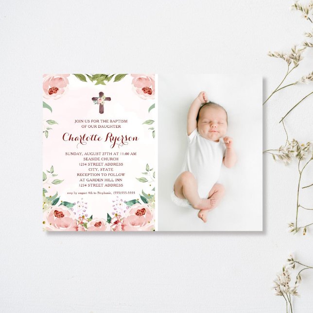 Convite Foto Floral de Batismo Floral Rosa Rosa Rosa Esmag (Criador carregado)