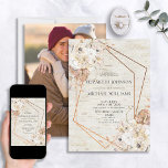 Convite Foto Floral de Cor Geométrica de Blush Rustic<br><div class="desc">Este belo convite de casamento rústico, elegante e sofisticado apresenta buquês florais de aquarela neutra pintados à mão, numa paleta colorida retida de cor rosa-pincel, marfim e branco, embelezando um geométrico de cobre num fundo de latido de pássaro falso. A parte de trás do convite apresenta a sua fotografia de...</div>