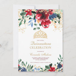 Convite foto floral de ouro tiara Quinceañera