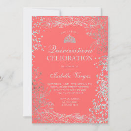 Convite Foto floral de prata Tiara Quinceañera