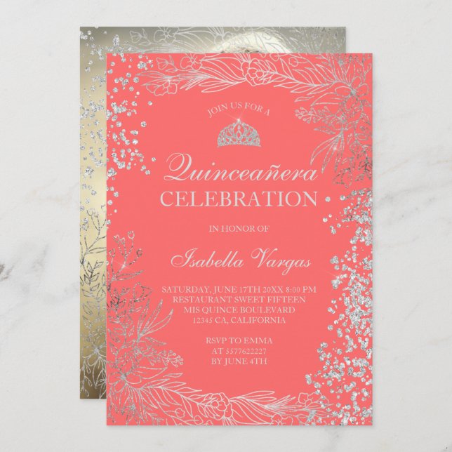 Convite Foto floral de prata Tiara Quinceañera (Frente/Verso)