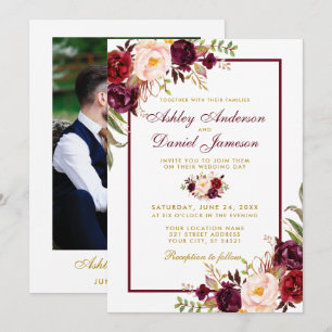 Convite Foto Floral Dourada B de Casamento Burgundy Waterc