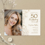 Convite Foto Floral Dourada Elegante 50º Aniversário<br><div class="desc">Dourado e marfim creme floral 50º convite de aniversário com sua foto na frente do cartão. Design minimalista moderno com desenhos botânicos em destaque, folha de ouro falsa e letra de script de tipografia. Simples trendy convida cartão perfeito para uma festa de na moda. Pode ser personalizado para qualquer idade....</div>