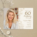 Convite Foto Floral Dourada Elegante 60º Aniversário<br><div class="desc">Dourado e marfim creme floral 60º convite de aniversário com sua foto na frente do cartão. Design minimalista moderno com desenhos botânicos em destaque, folha de ouro falsa e letra de script de tipografia. Simples trendy convida cartão perfeito para uma festa de na moda. Pode ser personalizado para qualquer idade....</div>