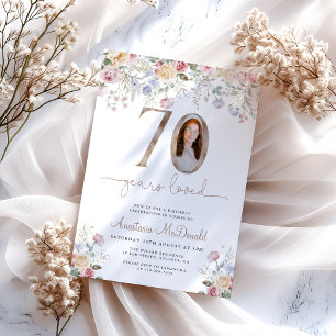Convite Foto Floral Elegante Aniversário de 70 anos