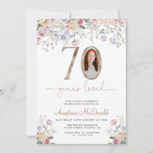 Convite Foto Floral Elegante Aniversário de 70 anos