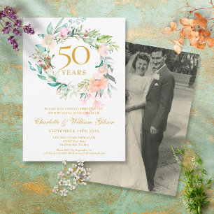 Convite Foto Floral Garland de Casamento de 50 anos