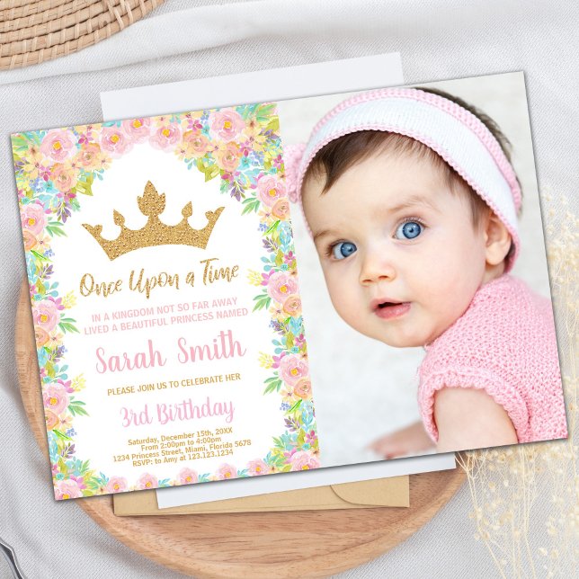 Convite Foto: Floral Glitter Crown Princess Aniversário (Photo Floral Glitter Crown Princess Birthday Invitation)