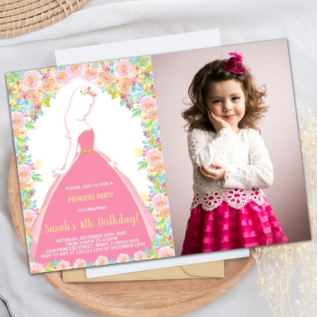 Convite Foto: Floral Glitter Pink Princess Birthday (Photo Floral Glitter Pink Princess Birthday Invitation)