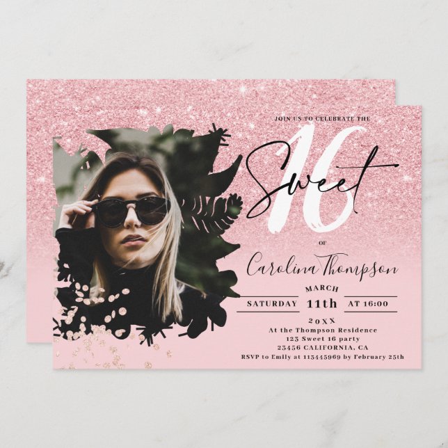 Convite Foto floral mbre cor-de-rosa-chic Sweet 16 (Frente/Verso)
