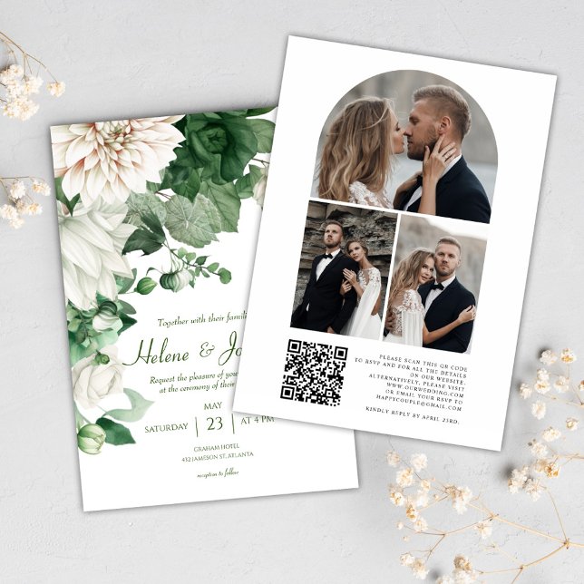 Convite Foto Floral Moderna Código QR Casamento Verde Esme (Modern Floral Photo QR Code Emerald Green Wedding Invitation)