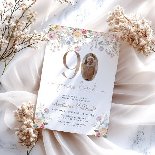 Convite Foto Floral Pastel Elegante Aniversário de 90 anos