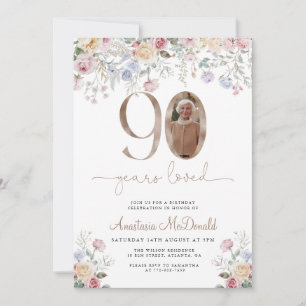 Convite Foto Floral Pastel Elegante Aniversário de 90 anos