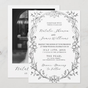 Convite Foto Floral Preto e Branco Casamento Old Money