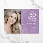 Convite Foto Floral Púrpura Elegante 50º Aniversário<br><div class="desc">Convite de aniversário floral roxo claro 50º com sua foto na frente do cartão. Elegante design moderno com desenhos botânicos desenhados em destaque e letra de script de tipografia. Simples trendy convida cartão perfeito para uma festa de na moda. Pode ser personalizado para qualquer idade. Impressos convites Zazzle ou modelo...</div>
