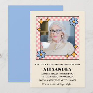 Convite Foto Floral Rosa Azul Retro Aniversário de 97 anos