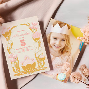 Convite Foto Floral Rosa Dourado Aniversário Infantil