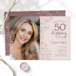 Convite Foto Floral Rosa Elegante 50º Aniversário<br><div class="desc">Elegante cor-de-rosa empoeirado e convite de aniversário floral mauve 50º com sua foto na frente do cartão. Design minimalista moderno com desenhos botânicos em destaque e letra de script de tipografia. Simples trendy convida cartão perfeito para uma festa de na moda. Pode ser personalizado para qualquer idade. Impressos convites Zazzle...</div>