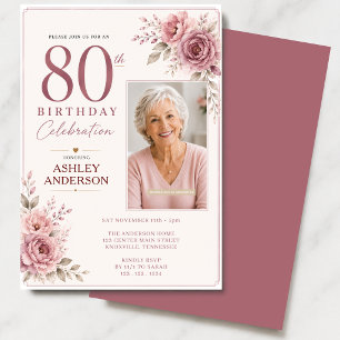 Convite Foto Floral Rosa Empoeirado Aniversário de 80 anos