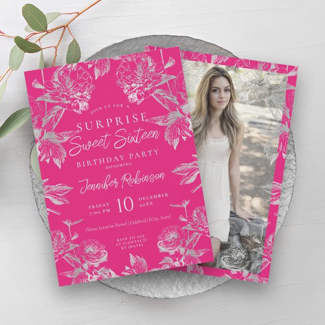Convite Foto Floral, Rosa Quente e Silver, SURPRISE Sweet  (Hot Pink & Silver Floral Photo SURPRISE Sweet 16 Invitation)