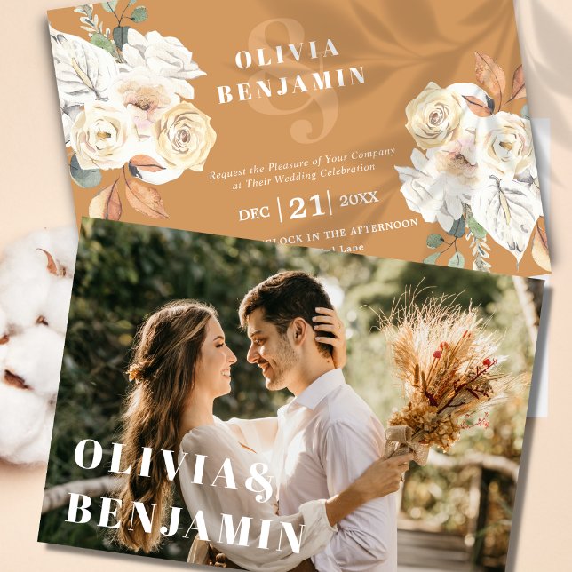 Convite Foto Floral Rustic Autumn e Casamento no inverno (Criador carregado)