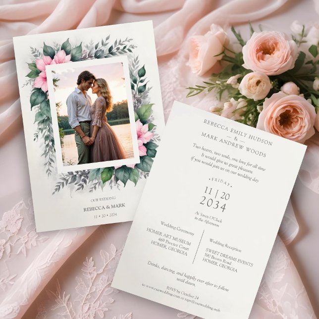 Convite Foto Floral Suave Botânica Eetal e Encantadora (Ethereal & Enchanting Botanical Soft Floral Photo Frame in Pink Wedding Invitations Cards.)
